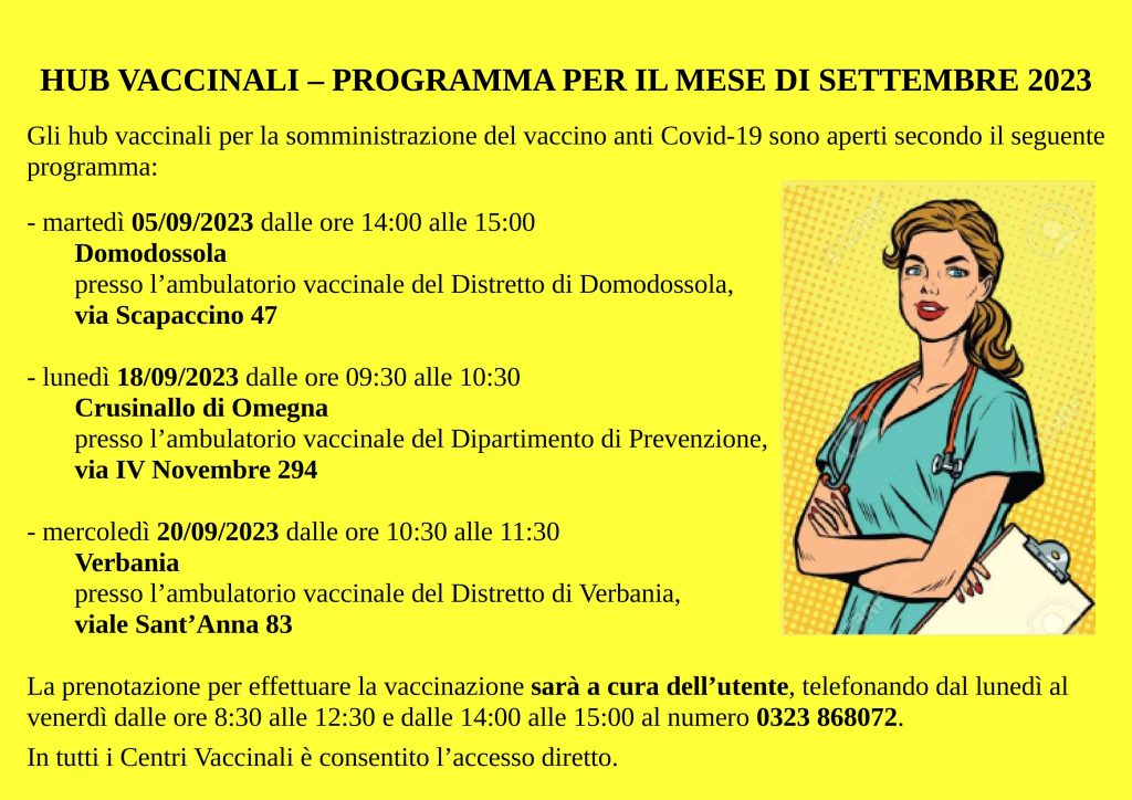 HUB VACCINALI &#8211; PROGRAMMA PER IL MESE DI SETTEMBRE 2023