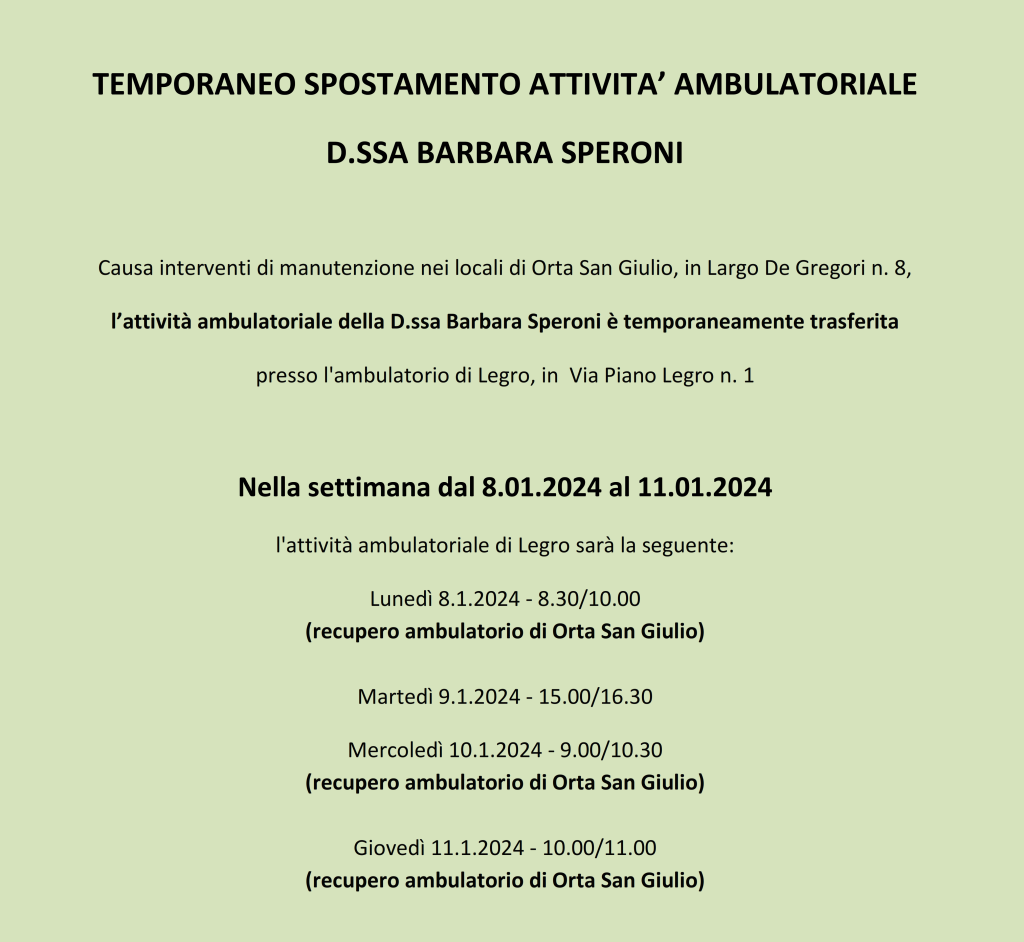 TEMPORANEO SPOSTAMENTO ATTIVITA&#8217; D.SSA BARBARA SPERONI