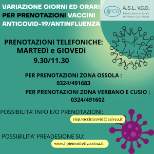 VARIAZIONE GIORNI ED ORARI PER PRENOTAZIONI VACCINI ANTICOVID-19/ANTINFLUENZALE