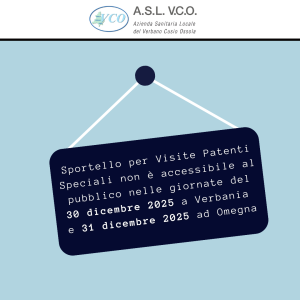 SPORTELLO PATENTI SPECIALI 30 DICEMBRE 2025 A VERBANIA E 31 DICEMBRE 2025 OMEGNA NON ACCESSIBILE AL PUBBLICO